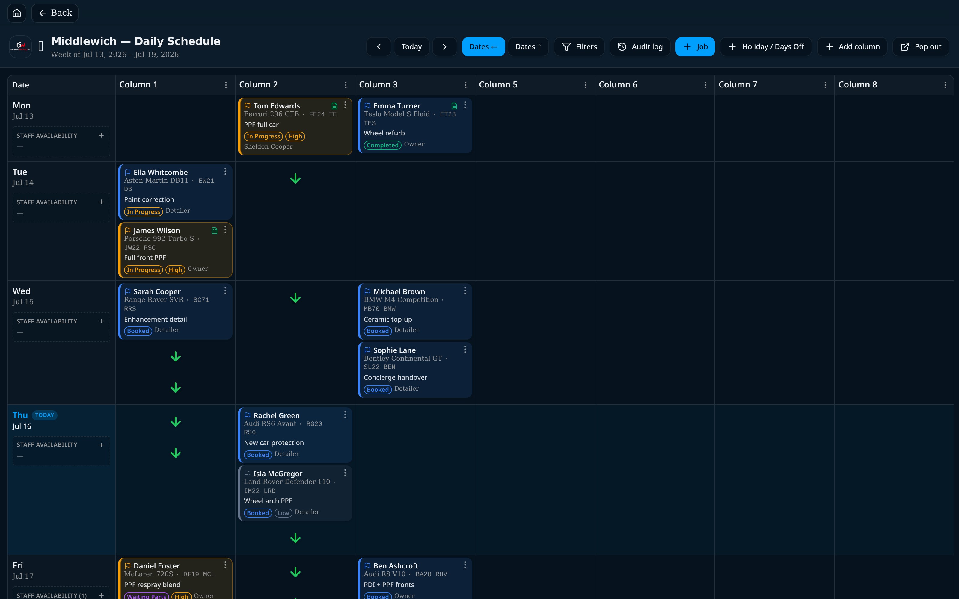 GarageWizard Workshop Calendar — live application screenshot